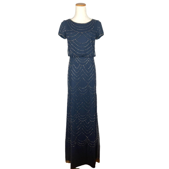 Adrianna Papell Short Sleeve Beaded Blouson Gown in Navy - Picture 4 of 16